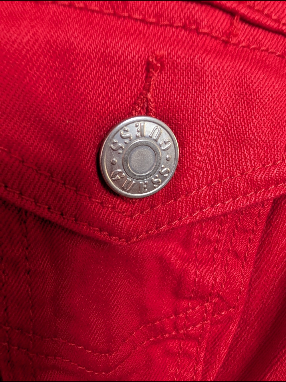 Guess Red Denim Jacket Women's Size L Stretch Trucker Jean Jacket - Picture 4 of 6